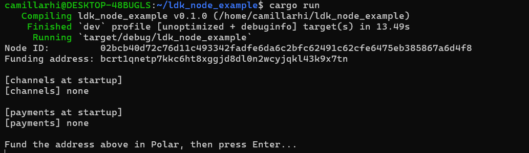 Terminal output at startup showing the node ID, a funding address, and empty channel and payment lists