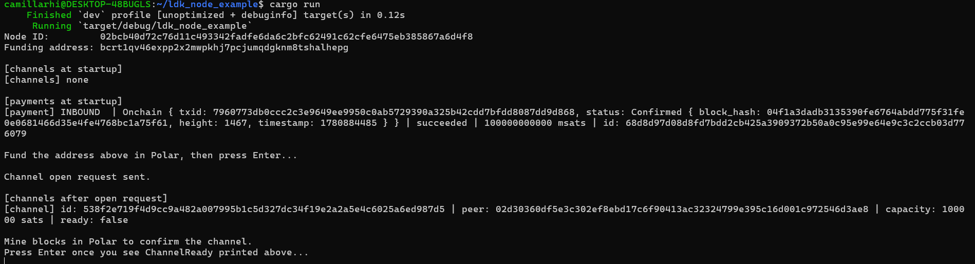 Terminal output after the channel open request, showing one channel listed with ready: false