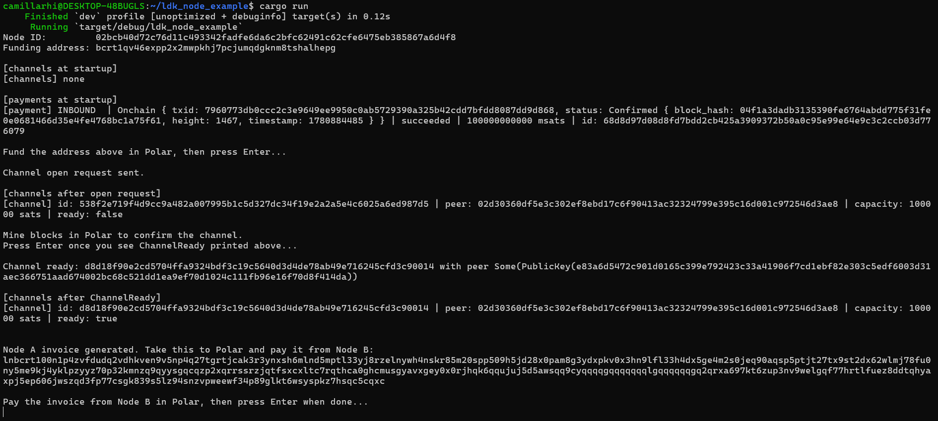 Terminal output showing the generated BOLT11 invoice string ready to be paid from Node B