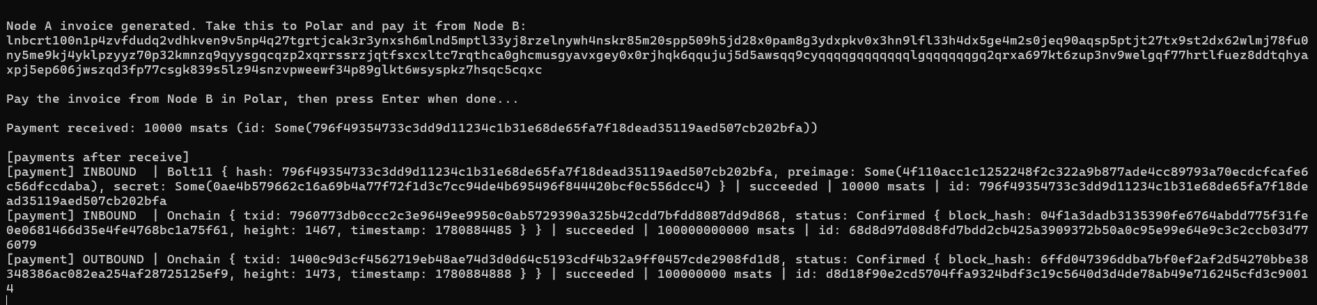Terminal output showing the PaymentReceived event and a payment list containing an inbound BOLT11 payment marked succeeded