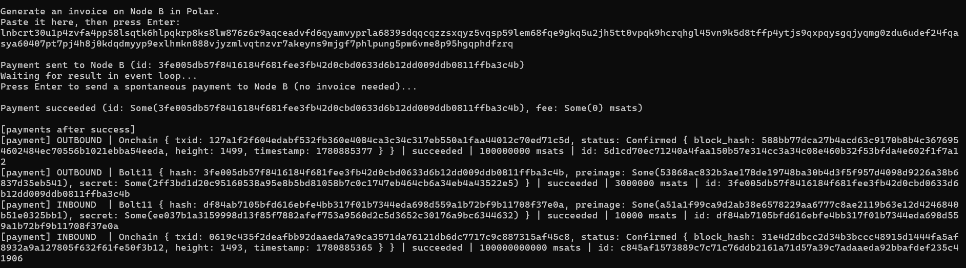 Terminal output showing the PaymentSuccessful event and a payment list with both the inbound and outbound BOLT11 payments succeeded