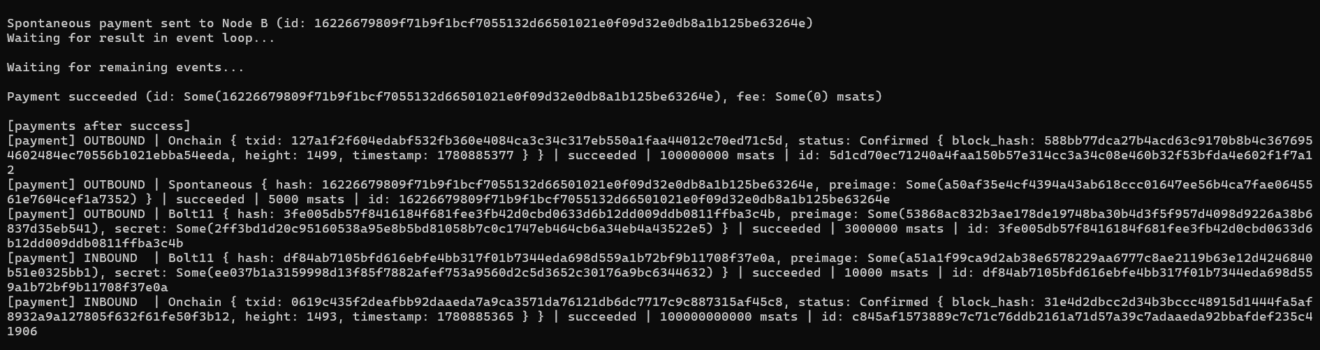 Terminal output showing the final payment list: inbound and outbound BOLT11, an outbound spontaneous payment, and the onchain funding entries, all succeeded